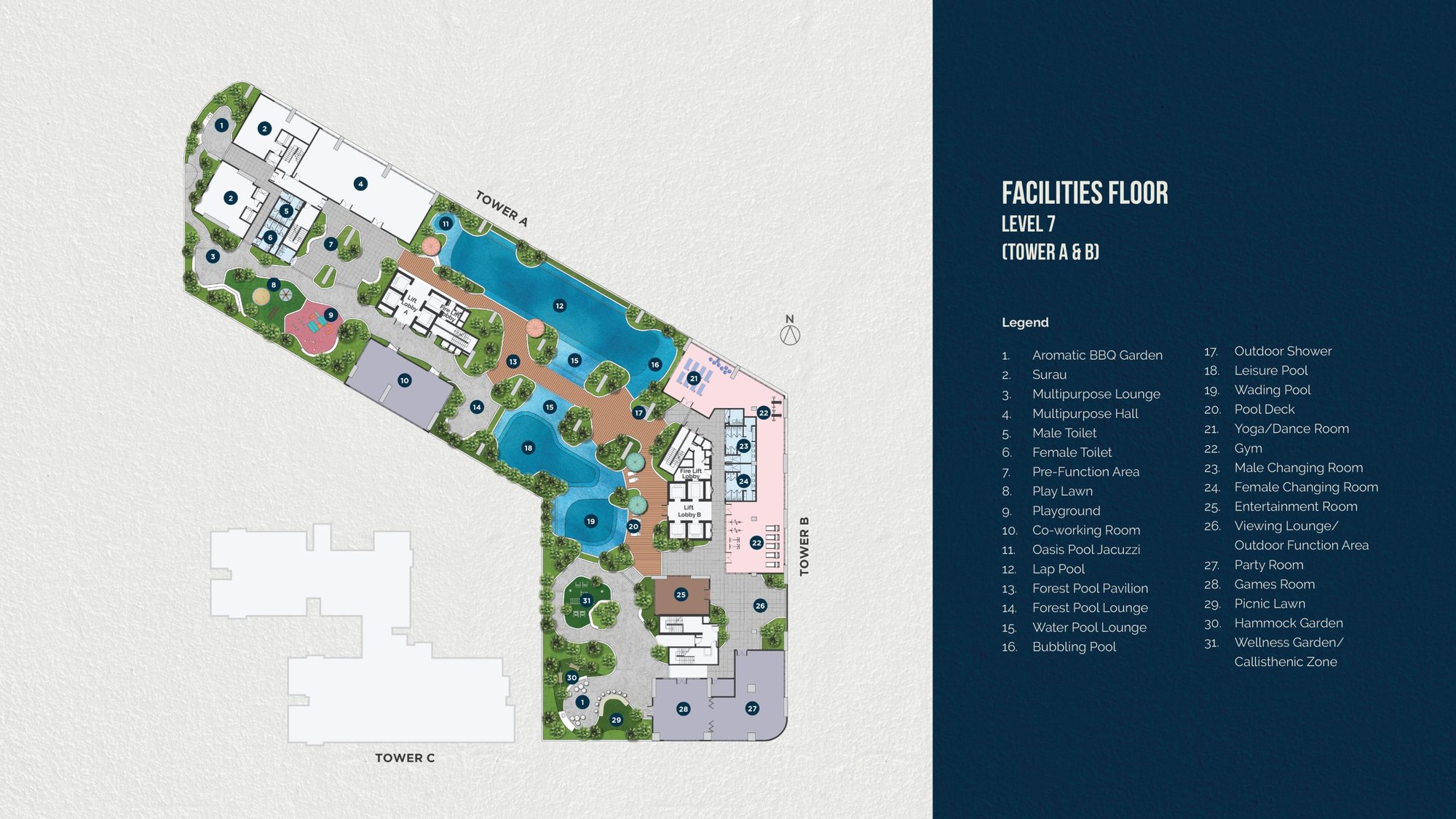 Haus On 15 facilities plan — Level 7 podium floor, Tower A & B, showing pools, gym, co-working room, playground, party room and other facilities with numbered legend
