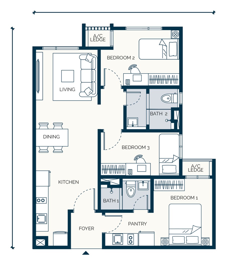 Haus On 15 Type B floor plan — 830 sq ft dual-key, 3 bedrooms 2 bathrooms