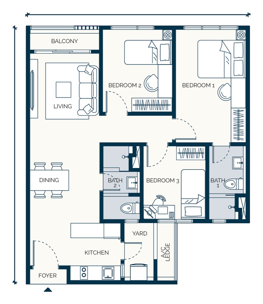 Haus On 15 Type C floor plan — 905 sq ft, 3 bedrooms 2 bathrooms