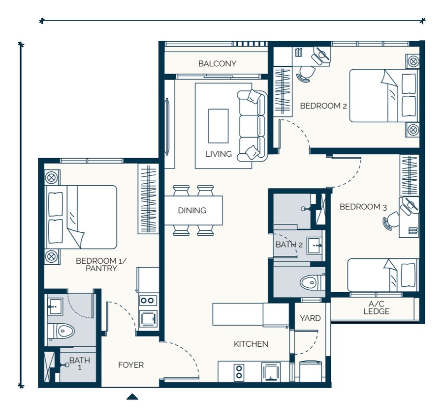 Haus On 15 Type D floor plan — 960 sq ft dual-key, 3 bedrooms 2 bathrooms