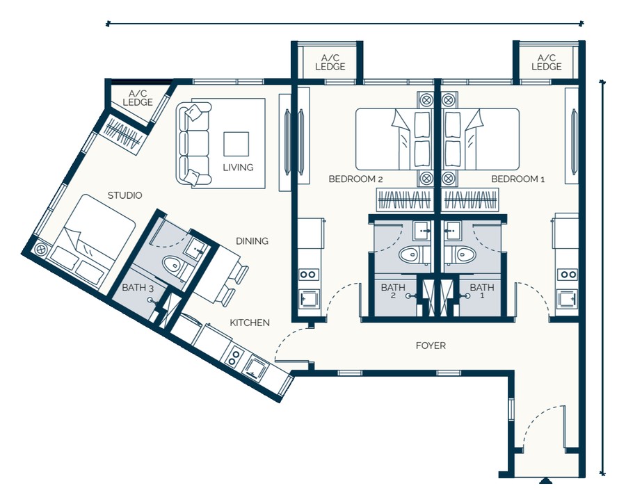 Haus On 15 Type E floor plan — 980 sq ft triple-key, 3 bedrooms 3 bathrooms