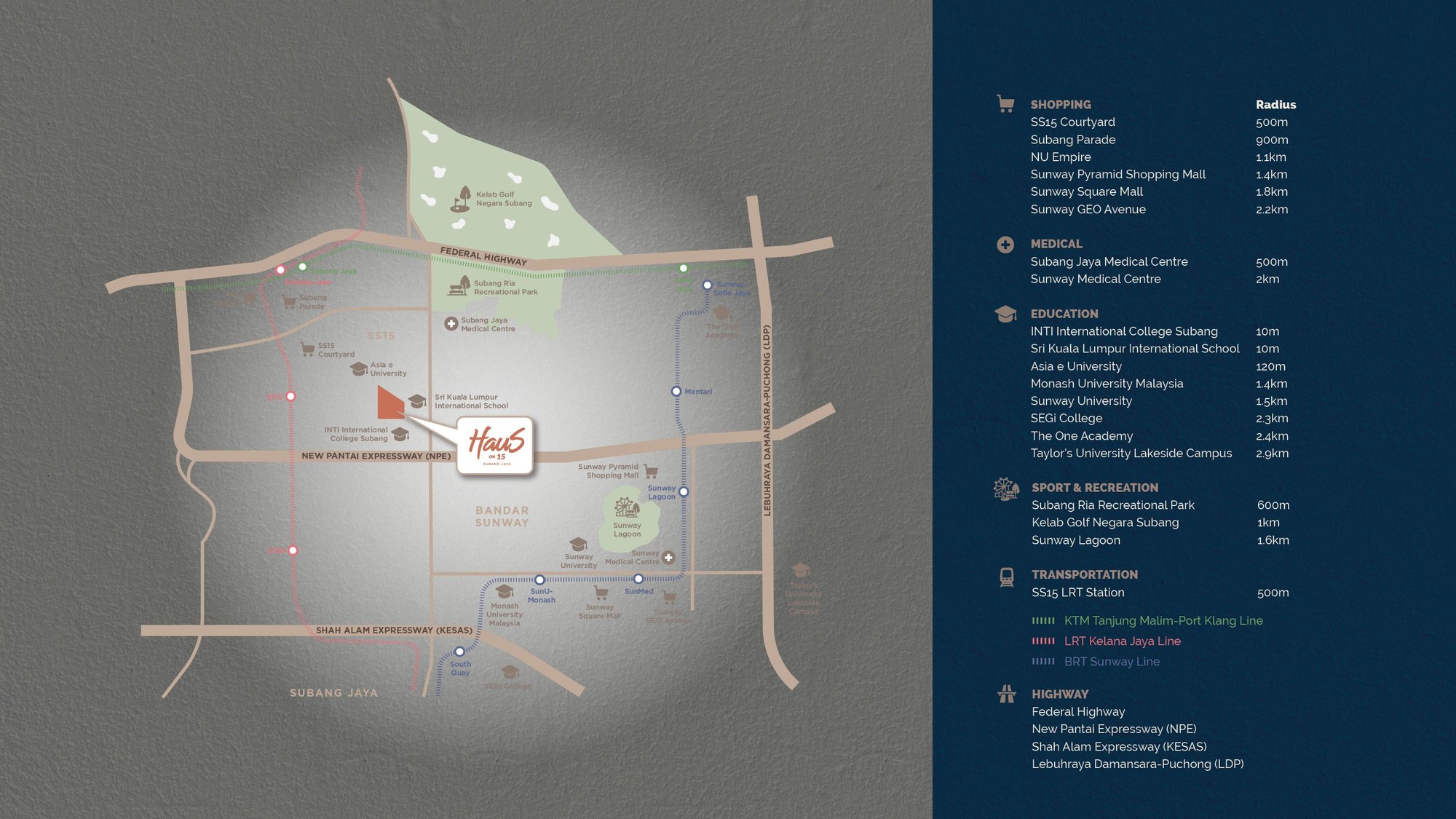 Location map — Haus On 15, SS15 Subang Jaya, showing nearby shopping, medical, education, transportation and highway access